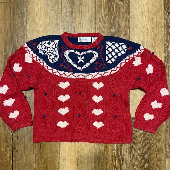 Vtg Heart Cable Knit Fair Isle Sweater OS Valentine Cottage Kid core Grannycore - Picture 1 of 6